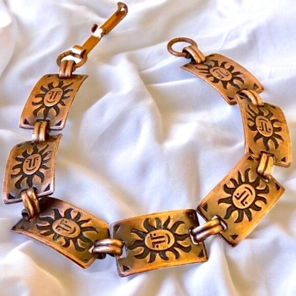 Copper Bracelet Vintage Sun Face Rectangular Links Southwestern Boho - Picture 4 of 11